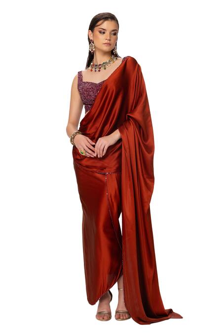 Eeksha_Orange , Georgette, Pre-draped Skirt Saree With Embroidered Blouse _Online_at_Aza_Fashions