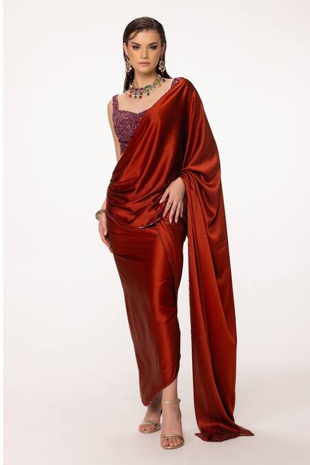 Buy_Eeksha_Orange , Georgette, Pre-draped Skirt Saree With Embroidered Blouse _Online_at_Aza_Fashions