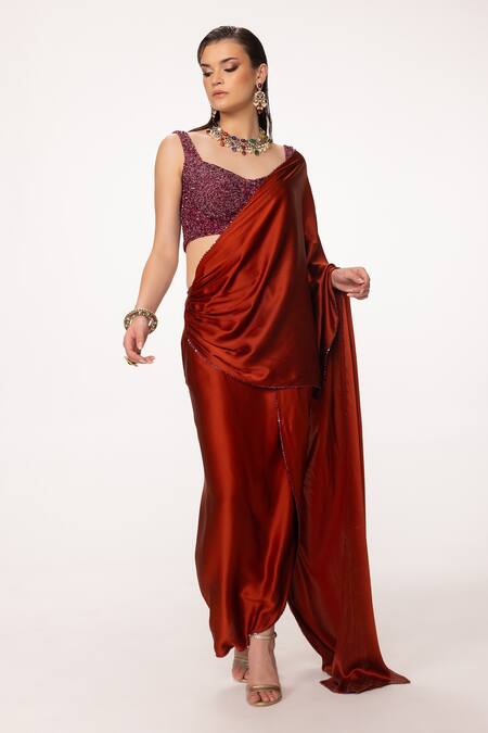 Shop_Eeksha_Orange , Georgette, Pre-draped Skirt Saree With Embroidered Blouse _Online_at_Aza_Fashions