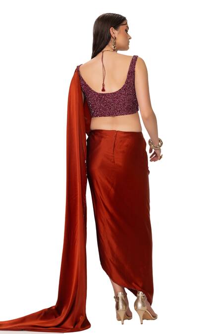 Eeksha_Orange , Georgette, Pre-draped Skirt Saree With Embroidered Blouse _at_Aza_Fashions