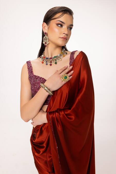 Buy_Eeksha_Orange , Georgette, Pre-draped Skirt Saree With Embroidered Blouse 