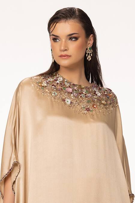 Eeksha Beige Silk Satin Embroidery Round Neck Sequin Applique Kaftan Dress Online at Aza Fashions Eeksha_Beige Silk Satin Embroidery Round Neck Sequin Applique Kaftan Dress _Online_at_Aza_Fashions