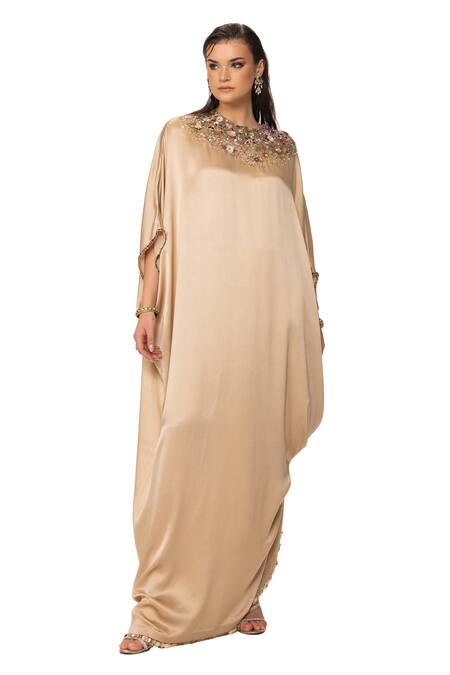 Buy Eeksha Beige Silk Satin Embroidery Round Neck Sequin Applique Kaftan Dress Online at Aza Fashions Buy_Eeksha_Beige Silk Satin Embroidery Round Neck Sequin Applique Kaftan Dress _Online_at_Aza_Fashions