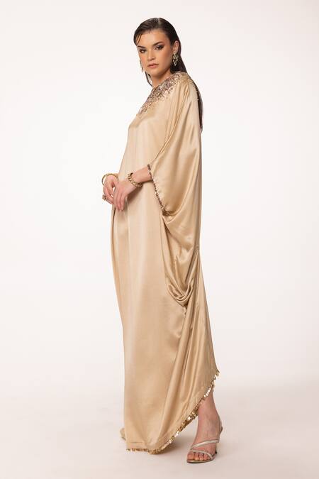 Shop Eeksha Beige Silk Satin Embroidery Round Neck Sequin Applique Kaftan Dress Online at Aza Fashions Shop_Eeksha_Beige Silk Satin Embroidery Round Neck Sequin Applique Kaftan Dress _Online_at_Aza_Fashions