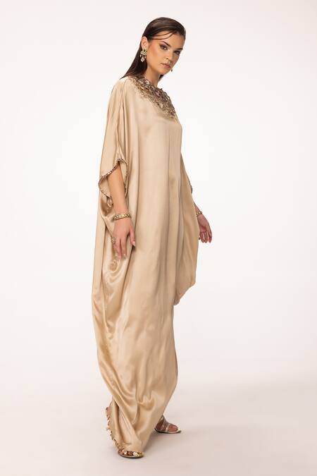 Eeksha Beige Silk Satin Embroidery Round Neck Sequin Applique Kaftan Dress at Aza Fashions Eeksha_Beige Silk Satin Embroidery Round Neck Sequin Applique Kaftan Dress _at_Aza_Fashions