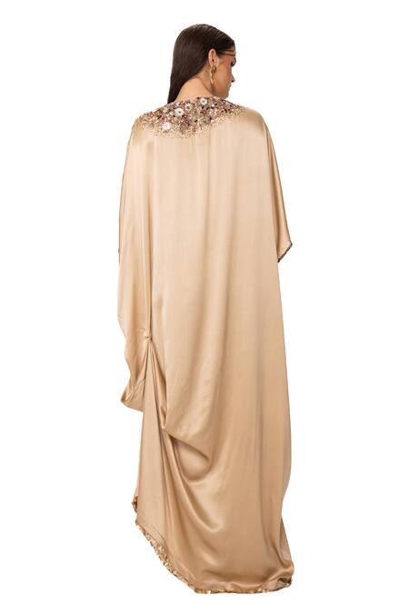 Buy Eeksha Beige Silk Satin Embroidery Round Neck Sequin Applique Kaftan Dress Buy_Eeksha_Beige Silk Satin Embroidery Round Neck Sequin Applique Kaftan Dress