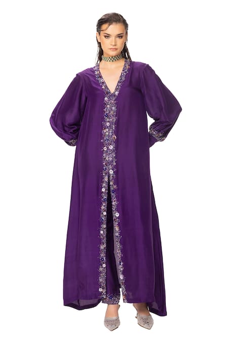 Buy Eeksha Purple Satin, Organza, Sequins, Placket Dress And Pant Set Online at Aza Fashions Buy_Eeksha_Purple Satin, Organza, Sequins, Placket Dress And Pant Set _Online_at_Aza_Fashions