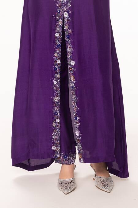 Shop Eeksha Purple Satin, Organza, Sequins, Placket Dress And Pant Set Online at Aza Fashions Shop_Eeksha_Purple Satin, Organza, Sequins, Placket Dress And Pant Set _Online_at_Aza_Fashions