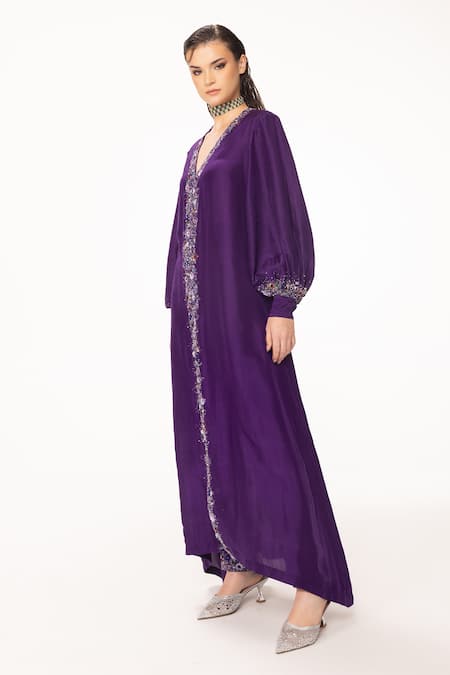 Eeksha Purple Satin, Organza, Sequins, Placket Dress And Pant Set at Aza Fashions Eeksha_Purple Satin, Organza, Sequins, Placket Dress And Pant Set _at_Aza_Fashions