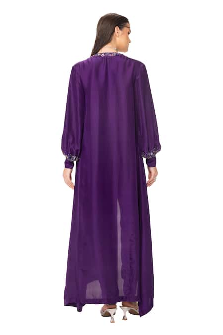 Buy Eeksha Purple Satin, Organza, Sequins, Placket Dress And Pant Set Buy_Eeksha_Purple Satin, Organza, Sequins, Placket Dress And Pant Set