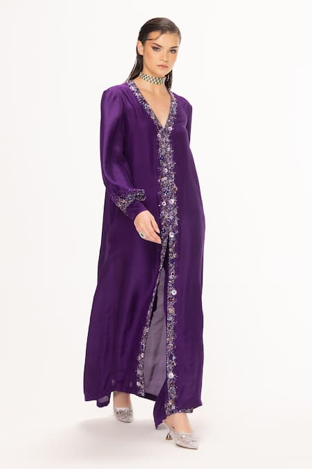 Shop Eeksha Purple Satin, Organza, Sequins, Placket Dress And Pant Set Shop_Eeksha_Purple Satin, Organza, Sequins, Placket Dress And Pant Set