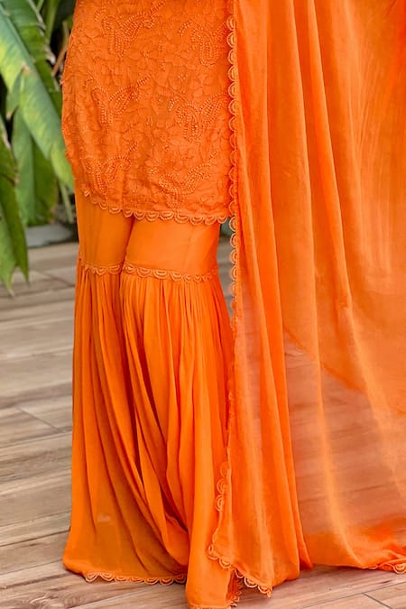 Buy LABEL AISHWARYRIKA Orange Georgette Embroidery, Lace Round Neck Chickankari Kurta Sharara Set Online at Aza Fashions Buy_LABEL AISHWARYRIKA_Orange Georgette Embroidery, Lace Round Neck Chickankari Kurta Sharara Set _Online_at_Aza_Fashions