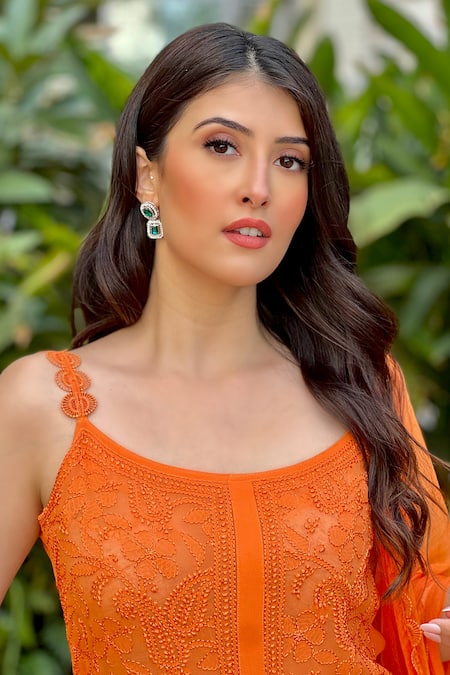 LABEL AISHWARYRIKA Orange Georgette Embroidery, Lace Round Neck Chickankari Kurta Sharara Set at Aza Fashions LABEL AISHWARYRIKA_Orange Georgette Embroidery, Lace Round Neck Chickankari Kurta Sharara Set _at_Aza_Fashions