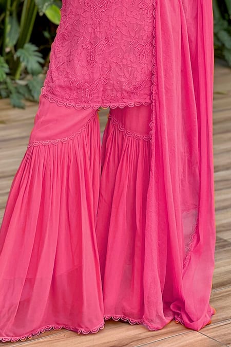 LABEL AISHWARYRIKA_Pink Georgette Embroidery, Lace Round Neck Chickankari Sharara Set _Online_at_Aza_Fashions