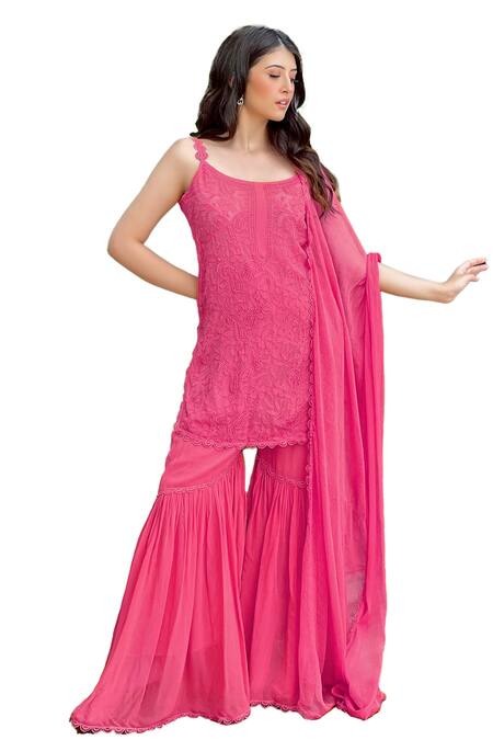 Buy_LABEL AISHWARYRIKA_Pink Georgette Embroidery, Lace Round Neck Chickankari Sharara Set _Online_at_Aza_Fashions