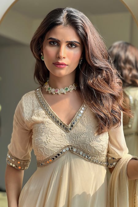 LABEL AISHWARYRIKA Beige Georgette Embroidery, Mirrors V-neck Chickankari Yoke Anarkali Set Online at Aza Fashions LABEL AISHWARYRIKA_Beige Georgette Embroidery, Mirrors V-neck Chickankari Yoke Anarkali Set_Online_at_Aza_Fashions
