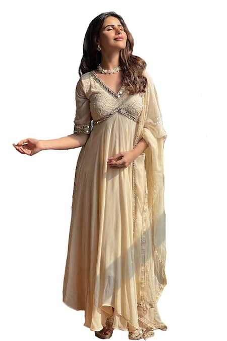 Shop LABEL AISHWARYRIKA Beige Georgette Embroidery, Mirrors V-neck Chickankari Yoke Anarkali Set Online at Aza Fashions Shop_LABEL AISHWARYRIKA_Beige Georgette Embroidery, Mirrors V-neck Chickankari Yoke Anarkali Set_Online_at_Aza_Fashions