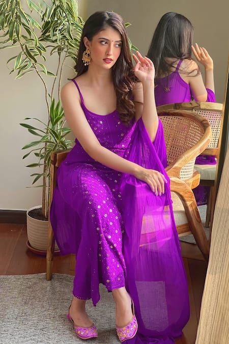 Shop LABEL AISHWARYRIKA Purple Georgette Mirrors, Embroidery Round Chikankari Straight Kurta Pant Set at Aza Fashions Shop_LABEL AISHWARYRIKA_Purple Georgette Mirrors, Embroidery Round Chikankari Straight Kurta Pant Set _at_Aza_Fashions
