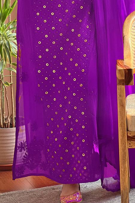 LABEL AISHWARYRIKA Purple Georgette Mirrors, Embroidery Round Chikankari Straight Kurta Pant Set Online at Aza Fashions LABEL AISHWARYRIKA_Purple Georgette Mirrors, Embroidery Round Chikankari Straight Kurta Pant Set _Online_at_Aza_Fashions