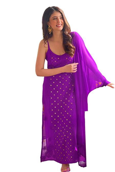 Buy LABEL AISHWARYRIKA Purple Georgette Mirrors, Embroidery Round Chikankari Straight Kurta Pant Set Online at Aza Fashions Buy_LABEL AISHWARYRIKA_Purple Georgette Mirrors, Embroidery Round Chikankari Straight Kurta Pant Set _Online_at_Aza_Fashions