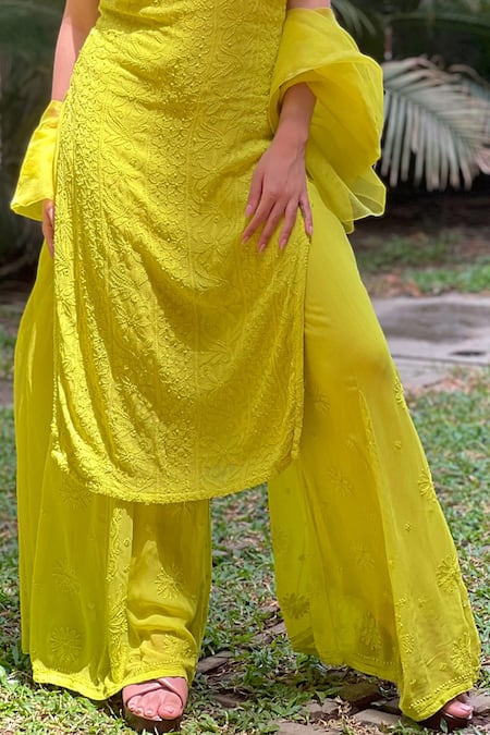 Buy LABEL AISHWARYRIKA Green Georgette Embroidery, Chains Round Chikankari Straight Kurta Palazzo Set Online at Aza Fashions Buy_LABEL AISHWARYRIKA_Green Georgette Embroidery, Chains Round Chikankari Straight Kurta Palazzo Set _Online_at_Aza_Fashions