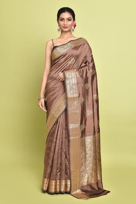 Nazaakat by Samara Singh Brown Pure Katan Silk Woven Surajmukhi Buta Saree With Running Blouse