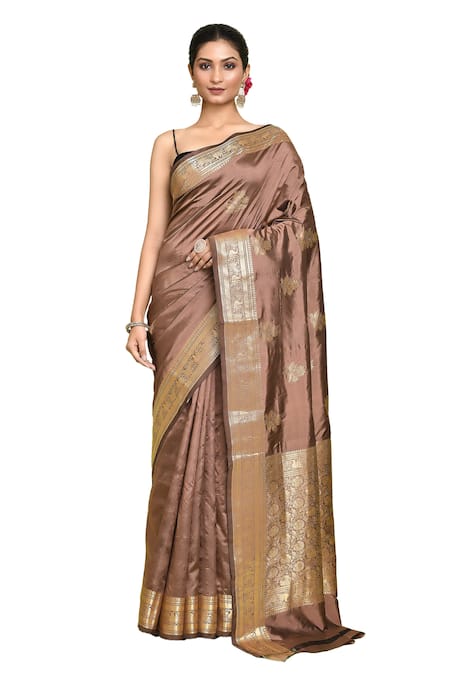 Buy_Samyukta Singhania_Brown Kota Doria Embroidery Surajmukhi Buta Woven Saree With Running Blouse _Online_at_Aza_Fashions
