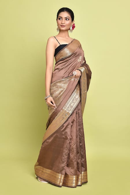 Shop_Samyukta Singhania_Brown Kota Doria Embroidery Surajmukhi Buta Woven Saree With Running Blouse _Online_at_Aza_Fashions