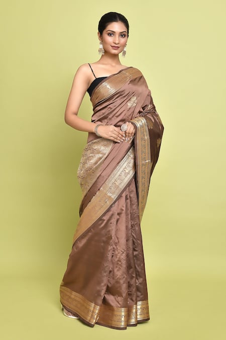 Samyukta Singhania_Brown Kota Doria Embroidery Surajmukhi Buta Woven Saree With Running Blouse _at_Aza_Fashions