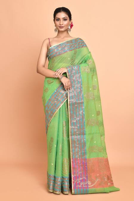 Nazaakat by Samara Singh Green Pure Cotton Woven Bahar Striped Saree With Running Blouse