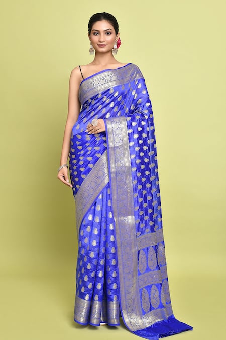 Nazaakat by Samara Singh Blue Pure Silk Woven Wildbloom Buta Saree With Running Blouse