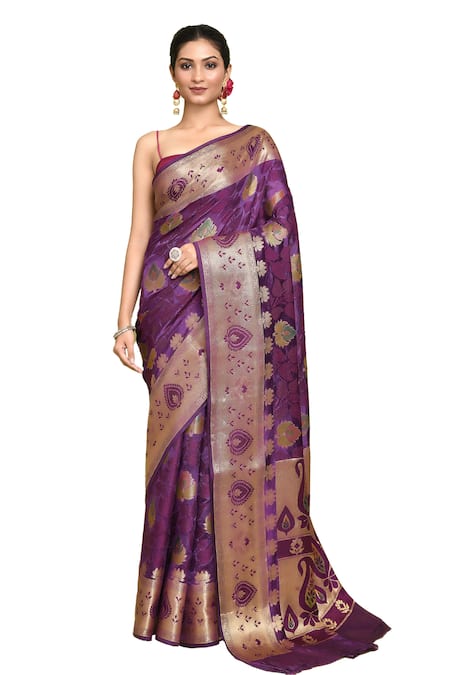 Buy_Samyukta Singhania_Purple Silk Embroidery Bullian Paisley Woven Saree With Running Blouse _Online_at_Aza_Fashions