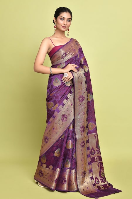 Shop_Samyukta Singhania_Purple Silk Embroidery Bullian Paisley Woven Saree With Running Blouse _Online_at_Aza_Fashions