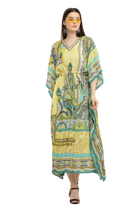 Aham-Vayam_Multi Color Modal, Silk V-neck Paisley Print Drawstring Waist Kaftan_Online_at_Aza_Fashions