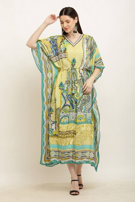 Shop_Aham-Vayam_Multi Color Modal, Silk V-neck Paisley Print Drawstring Waist Kaftan_Online_at_Aza_Fashions