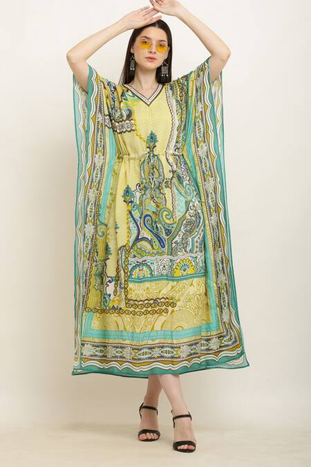 Shop_Aham-Vayam_Multi Color Modal, Silk V-neck Paisley Print Drawstring Waist Kaftan