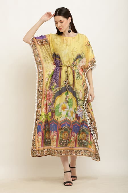 Aham-Vayam Yellow Modal Silk Printed Floral Round Drawstring Waist Kaftan 