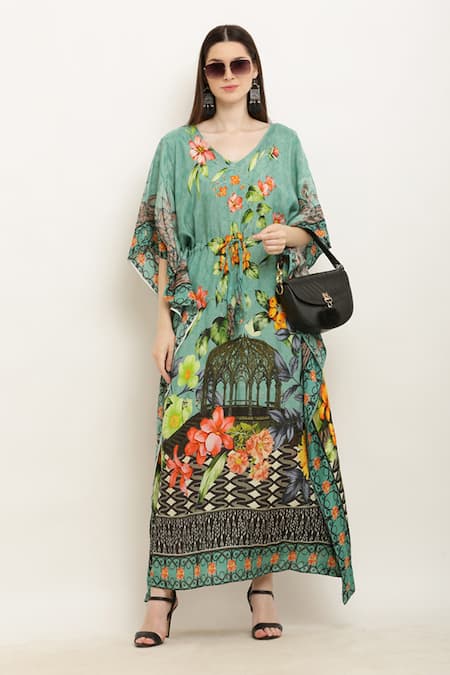 Aham-Vayam Green Modal Silk Printed Floral V Neck Tie-up Waist Kaftan 