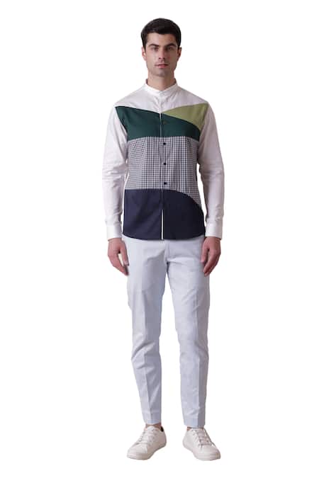 Shop Lacquer Embassy Multi Color Cotton Satin Colorblock Checkered Printed Shirt Online at Aza Fashions Shop_Lacquer Embassy_Multi Color Cotton Satin Colorblock Checkered Printed Shirt _Online_at_Aza_Fashions