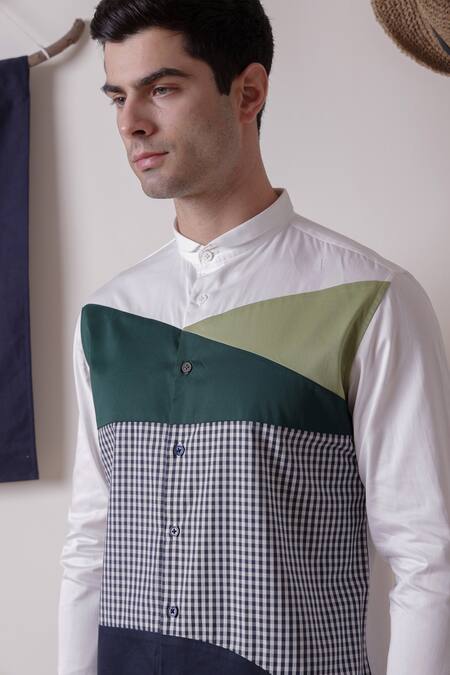 Buy Lacquer Embassy Multi Color Cotton Satin Colorblock Checkered Printed Shirt Buy_Lacquer Embassy_Multi Color Cotton Satin Colorblock Checkered Printed Shirt