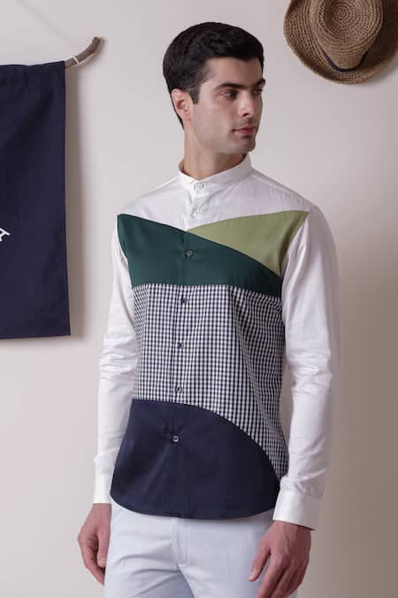 Shop Lacquer Embassy Multi Color Cotton Satin Colorblock Checkered Printed Shirt Shop_Lacquer Embassy_Multi Color Cotton Satin Colorblock Checkered Printed Shirt
