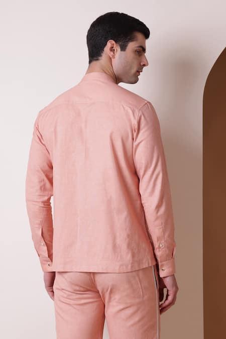 Shop_Lacquer Embassy_Pink Cotton Linen Plain Epis Shirt  _at_Aza_Fashions