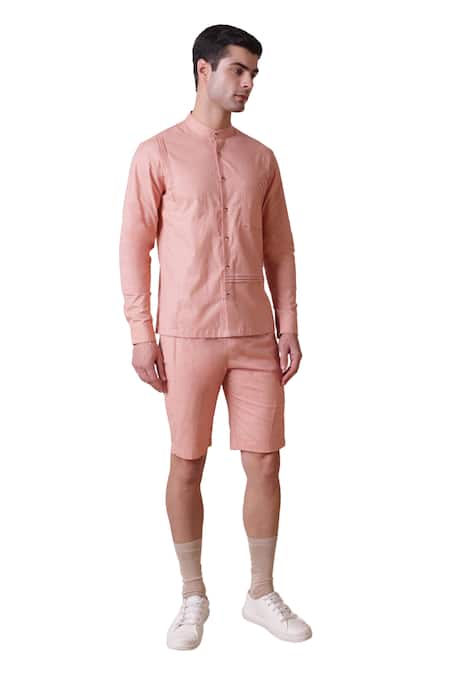 Lacquer Embassy_Pink Cotton Linen Plain Epis Shirt  _Online_at_Aza_Fashions