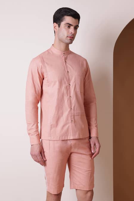 Buy_Lacquer Embassy_Pink Cotton Linen Plain Epis Shirt  _Online_at_Aza_Fashions
