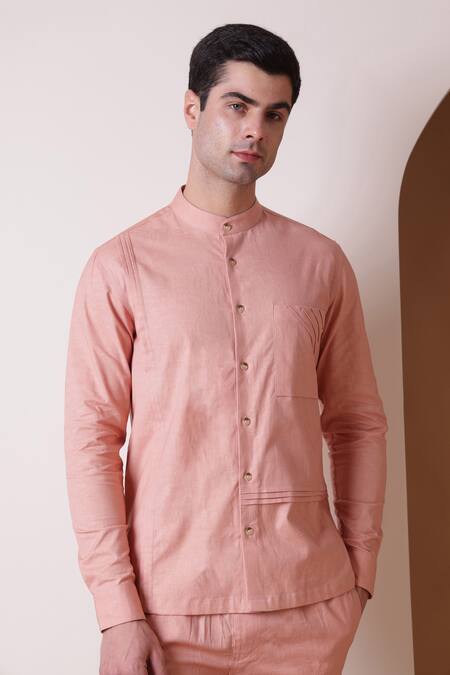 Lacquer Embassy_Pink Cotton Linen Plain Epis Shirt  _at_Aza_Fashions