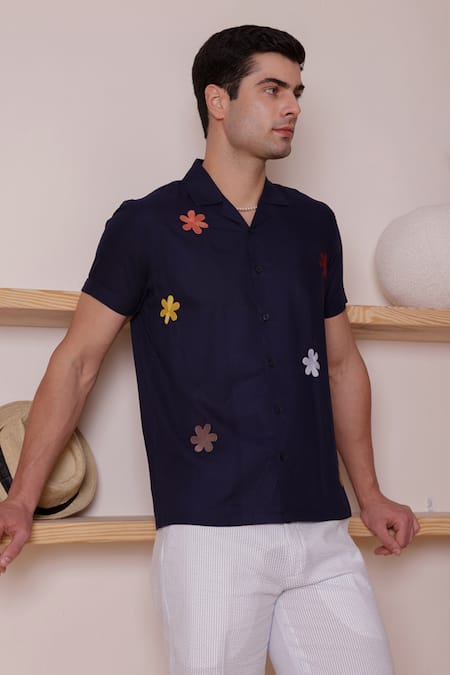 Buy_Lacquer Embassy_Navy Rayon Embroidery Flower Thread Camp Collar Shirt _Online_at_Aza_Fashions