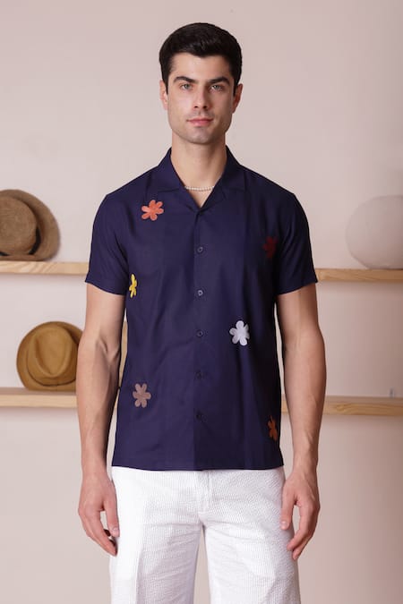 Shop_Lacquer Embassy_Navy Rayon Embroidery Flower Thread Camp Collar Shirt _Online_at_Aza_Fashions