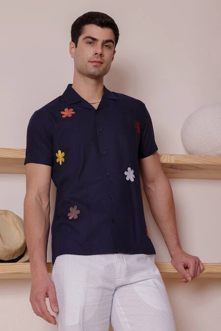 Lacquer Embassy_Navy Rayon Embroidery Flower Thread Camp Collar Shirt _at_Aza_Fashions