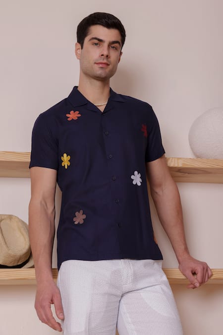 Buy_Lacquer Embassy_Navy Rayon Embroidery Flower Thread Camp Collar Shirt 