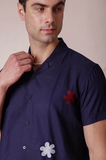 Shop_Lacquer Embassy_Navy Rayon Embroidery Flower Thread Camp Collar Shirt 